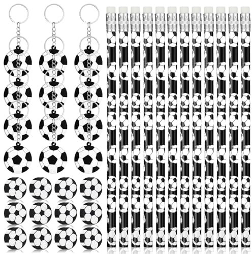 Vyuwast 36 Stück Fussball Mitgebsel Set, 12 Fußball Bleistifte + 12 Fußball Radiergummi + 12 Fußball Schlüsselanhänger, Fußball Mitgebsel Kindergeburtstag Gastgeschenke für Schule Schreibwaren