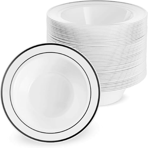 MATANA 100 Premium White Plastic Bowls with Black Rim, 360ml - Sturdy & Reusable - Soup, Dessert Bowls for Weddings, Birthdays, Picnic, Buffet, Catering, Parties