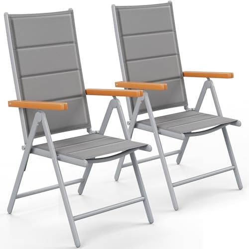 LIFERUN Gartenstühl Hochlehner Klappbar, 2er Set Aluminium Balkonstuhl, WPC Armlehnen, mit Gesteppte Rückenlehne & Sitzfläche,7-Fach Verstellbar,Bis 120 kg, Outdoor Esszimmerstuhl, Silbergrau, 2 PCS