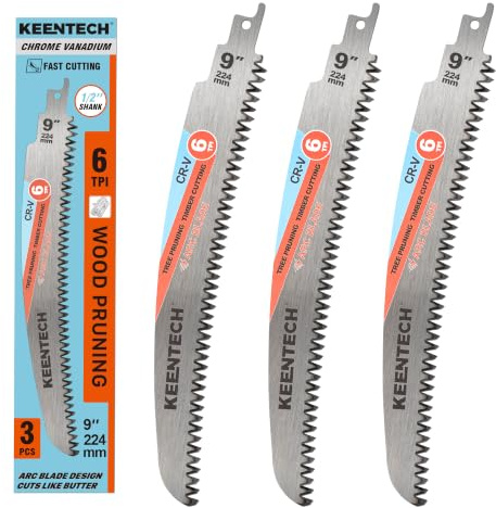 KEENTECH 224mm Arc-Shaped Reciprocating Saw Blades for Wood Cutting & Tree Pruning, Cr-V Steel, 6 TPI Triple-Ground Japanese Teeth for Ultra-Fast Wood Cutting, Fits Most Reciprocating Saws, 3-Pack