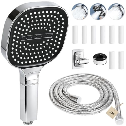 FALSKT 3 Modalità Soffione Doccia Anticalcare Pannello Grande 130mm Argento | Doccino per Doccia Soffione Doccia Alta Pressione Doccetta Grande Risparmio Idrico,8 Filtro Doccia,1 Supporto con Tubo 2M