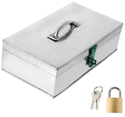 SHINEOFI Portable Household Iron Sheet Tool Box with Handle and Lock, Medium Size 25x14x7cm, Silver Metal Storage Container for Tools, Cash, and Documents, Secure Lockable Organizer