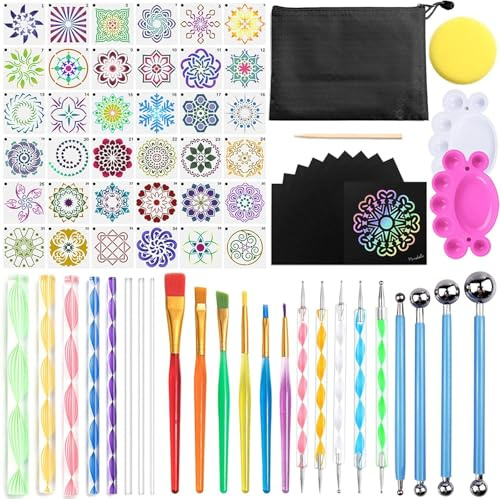 BARAKYEG Mandala Punktierungswerkzeug Set 74 Stück Mandala Dotting Tools Set,mit Mandala Schablone Punktierung Stifte Pinsel Ball Stylus Malen Tablett,für Steine,DIY Nail Art, Handwerk,Muster Färbung