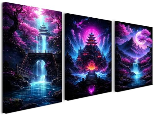 Alptiny 3er Set Leinwandbilder mit Rahmen 30x40 cm, Fantasy Landschaft Wandbilder Wohnzimmer mit Mond Wald See und Wasserfall, moderne Wanddeko für Schlafzimmer Flur Büro, mit Klettband