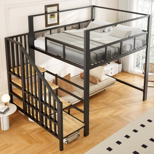 Xwiny Hochbett 140x200 cm mit Treppe Stauraum und Schutzgeländer, Kinderbett mit Netzdesign und Baldachin, Metallbett mit Großer Stauraum unter dem Bett, Doppelbett, Schwarz(Ohne Matratze)