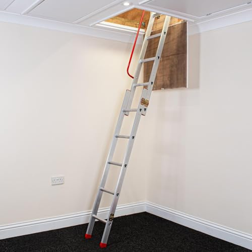 BPS® Sliding Loft Ladder with Spring Assist Pivot Arm, Handrail, D-Shaped Rungs, Inc. Stowing Pole, 150kg Load Capacity (2 Section + Acc)