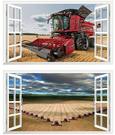 2Pcs Wandtattoo Mähdrescher Traktor Trecker 3D Effekt XXL Farm Feld Landwirtschaft Wandaufkleber Fenster Selbstklebend für Junge Kinderzimmer Groß 1000mmx600mm