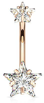 Tata Gisèle Piercing Nombril en Acier Chirurgical 316 L et Oxydes de Zirconium - Deux Etoiles de Zircon Serties - 19,5 mm (Or Rosé/Transparent)