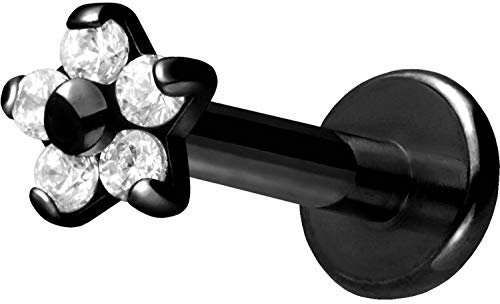 PIERCINGLINE TItan Labret Stecker Gewinde BLUME + 5 KRISTALLE Piercing Ohr Lippe Nase Schwarz 1,2 x 6 mm
