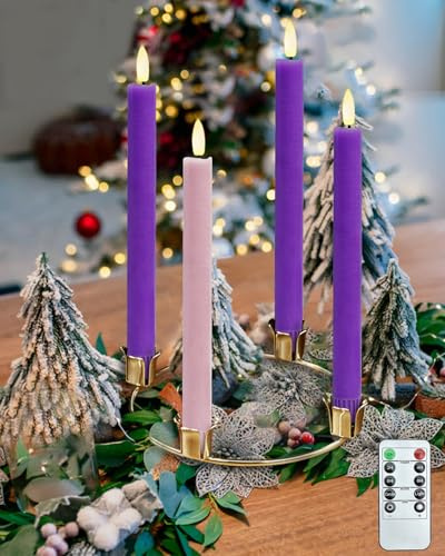 Flameless Advent Candles,Real Wax Battery Operated Electric LED Taper Candles with Remote Timer, Set of 4 Purple & Pink Flickering Taper Candles for Wreath Thanksgiving Christmas Outdoor Centerpieces