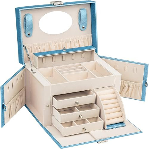 AdelDream Vierschichtige Juwelier-Box Ohrringe mit abschließenden Anhängern Halsketten Spiegelfächer und Stauräume Blau