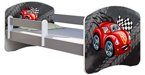 ACMA Kinderbett Jugendbett mit Einer Schublade und Matratze Grau mit Rausfallschutz Lattenrost II (05 Rote Auto, 140x70)