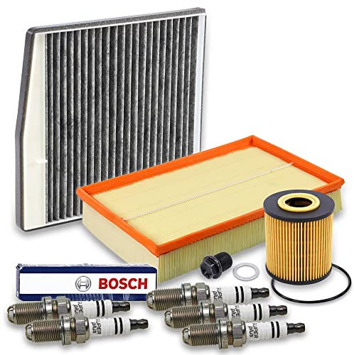 BESTPRICE Inspektionspaket Filterset mit 1x Luftfilter, 1x Innenraumfilter (Pollenfilter) mit Aktivkohle, 5x Zündkerze Super Plus FGR7DQE+, Kompatibel mit VOLVO S60 I (384), S80 I (184), V70 II (285)