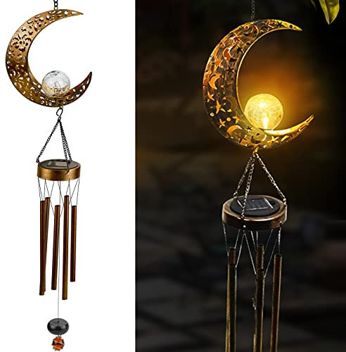 Windspiele für Draußenlampe, LED Solar Haengende Mond Windspiellampe Metall für Outdoor Hof Rasen -108cm