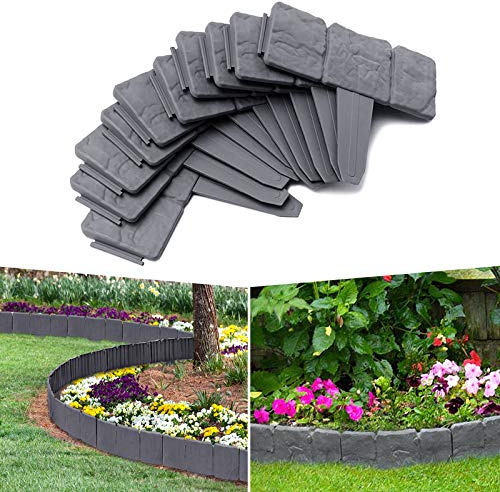 YARDIN Beeteinfassung Rasenkante Stein Rasenkante Kunststoff PP-Beetbegrenzung Beetumrandungen für Garten Wiese LxH 25x23cm 20-teilige / 5M Anthrazit