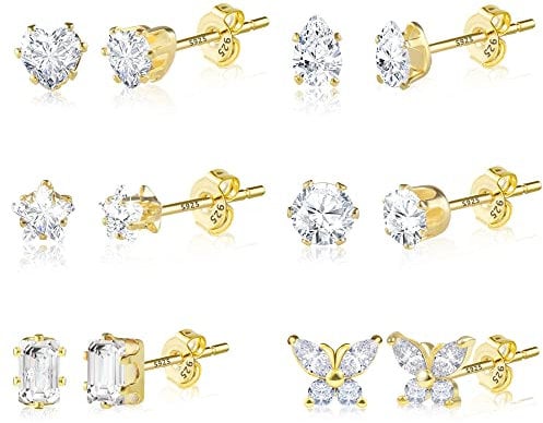 ASH'S CHOICE Gold Stud Earring Set, 6 Pairs Sterling Silver Stud Earrings for Women, Small Stud Cartilage Earrings, Multipack Butterfly Flower Diamond Ball Stud Earrings, Hypoallergenic Earrings
