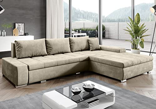 Furnix Ecksofa Tommaso mit Schlaffunktion und Bettkasten - Couch Sofa mit Kissen - L-Form Sofa, Stellfüße in Chromoptik - B297 x T210 x H85 cm, Liegefläche 255 x 150 cm - MH04 (beige)