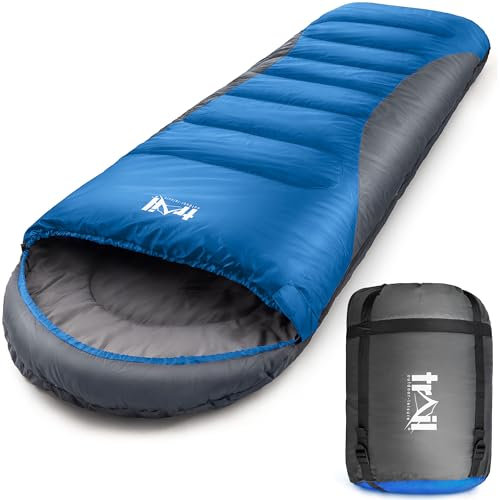 Trail Alpine Schlafsack mit Kapuze - Wahlweise 250 g oder 400 g als Schlafsack 3 Jahreszeiten und 4 Jahreszeiten Schlafsack Leicht, Kleines Packmaß - Mit Kapuze und Kompressionssack (Blau)