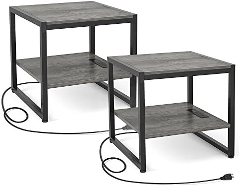 Homieasy End Table with Charging Station, 20 Inch Mini Fridge Stand with 2-Tier Open Shelf, Square Bedside Nightstand & Sofa Side Table for Small Spaces, Grey - 2 Pack
