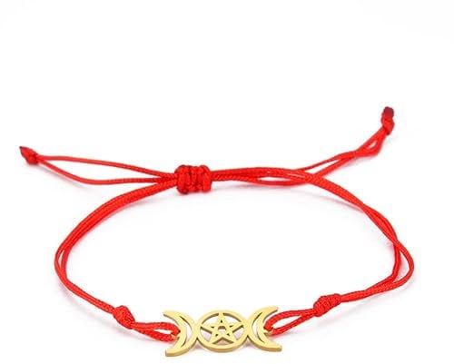 EUEAVAN Dreifach Mond Göttin Pentagramm Stern Wachsfaden Armband Amulett Pentagramm Religion Armreif Edelstahl Schmuck Symbol Witchcraft Geschenke für Frauen (red)