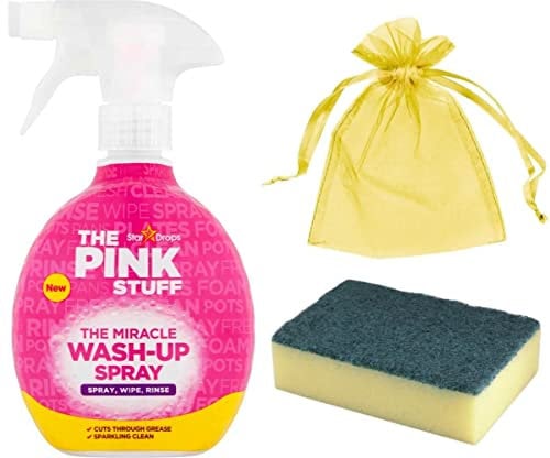 The Pink Stuff The Miracle Wash Up Spray, cuts Through Grease and Grime, Spray, Wipe, Rise, 1Pk x 500ml + 1 x Scourer Sponges, Non Scratch, Absorbent + Our Gift for You: Organza Bag Size: 9x7x0.1cm