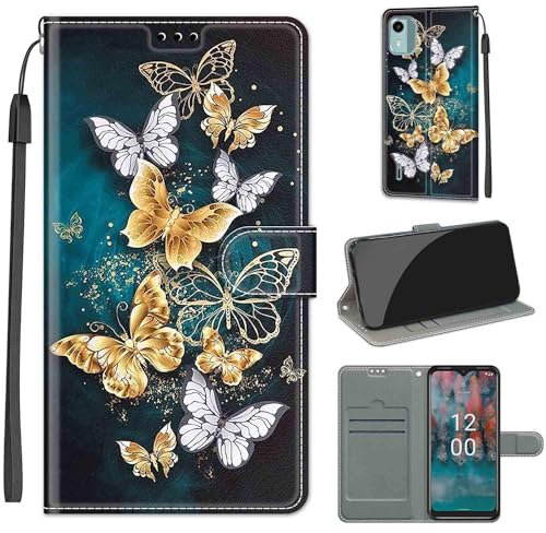 Handyhülle Kompatibel Mit Nokia C12/C12 Pro - PU Leder Klapphülle Magnetische Mit Standfunktion Und Kartenfächern - Schutzhülle Goldene Fliegende