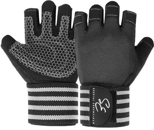 Special Essentials Workout Gym Handschuhe für Damen und Herren,Fingerlose Trainingshandschuhe mit rutschfester Polsterung und Handgelenkschlaufe, Radfahren & Training (Schwarz, L)