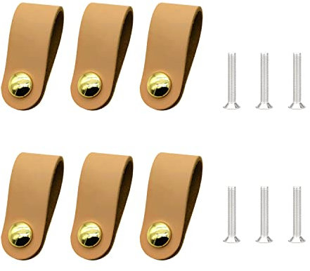 MUEEAD 6-Piece Leather + Alloy Furniture Handles, Beige, 62*24.5mm, Knobs & Pulls, Rust Resistant, Polished Finish