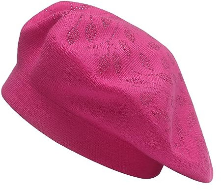 ZLYC Damen Wolle Baskenmütze Klassische Französischen Barett Warm Beret Mütze(Blätter Hot Pink)