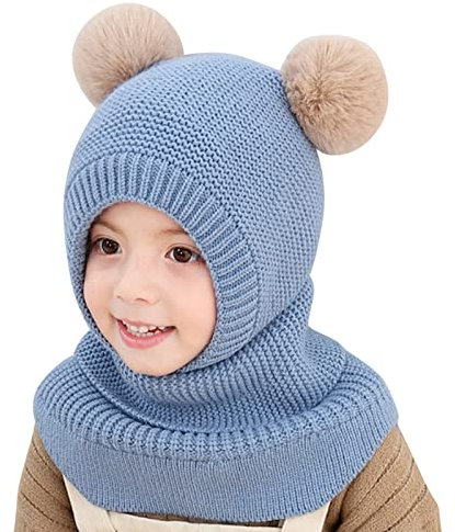 Qersh Schalmütze für Kinder - Wintermütze mit Bommel für Mädchen und Jungen - Schlupfmütze Mützenschal Baby Fellmütze für 2-7 Jahre