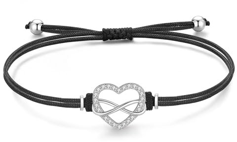 Jrêveinfini Unendlichkeitszeichen Armband Damen Mädchen Kinder Silber 925, Herz Infinity Armband Armreif Mutter Tochter Mama, Stoff Schwarz Personalisiertes Freundschaft Geschenke für Frauen