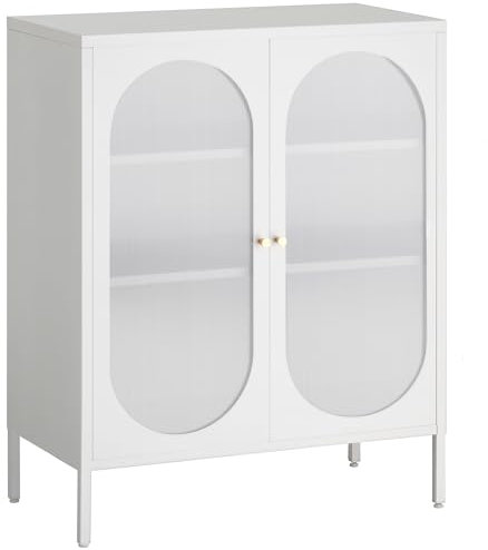 HOMSTEEL Buffet Sideboard Cabinet, Metal Storage Cabinet with Hazy PC Board Doors, Two Color Handles, Liquor Cabinet with Adjustable Shelves for Kitchen, Dining Room, Living Room, White