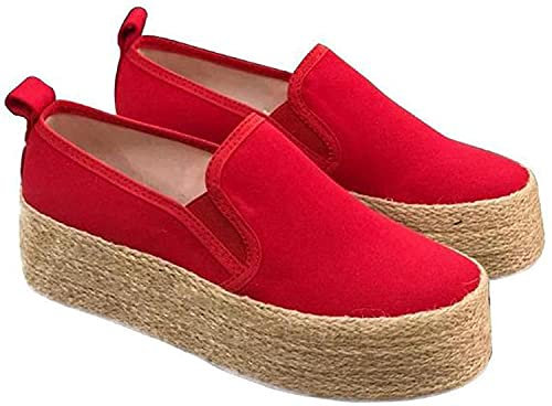 LONGB Sandalias de Mujer, Suela de Plataforma Plana Zapatos de Cuerda de Cáñamo con Sandalias Sin Cordones Casual y Cómodo,Rojo,38