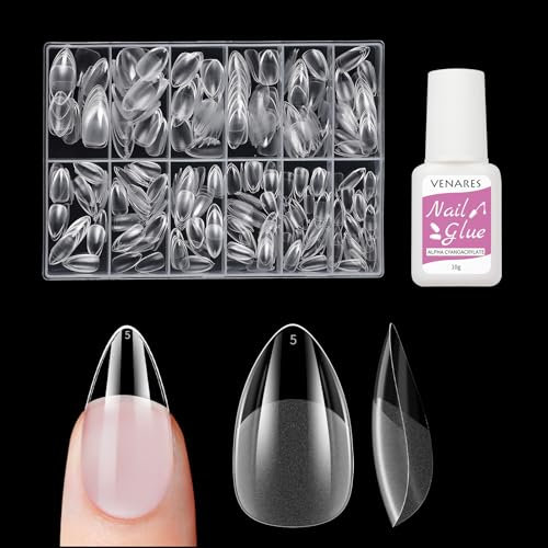 Kurz Mandel Nagelspitzen, Venares 120 Stück Nageltips Mandel Kurz 12 Größen Full Cover Nail tips Almond Short mit Kleber, Künstliche Nägel Soft Gel tips für Gelnägel Starterset Nagelverlängerung