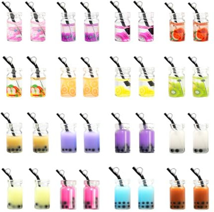 MytaYt 32 Stück Bubble Tea Perlen Anhänger Mini Flasche Anhänger Charms Bubble Anhänger Set Tea Bubble Tea Anhänger Harz Handwerk Charms für DIY Ohrringe Armband Halskette Schlüsselbund(Gemischt)