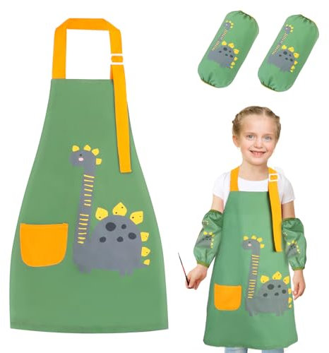 Bomclap Schürze Kinder, Malschürze Kinder mit 2 Ärmelschützern, Verstellbare Wasserdichte Kinderschürze, Kinderschürze Mädchen für von 3-10 Jahre, Geeignet zum Backen, Malen (Grüne Dinosaurier)