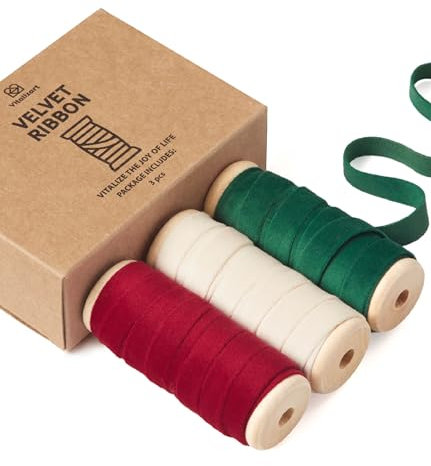 Vitalizart Weihnachten Samtband (Rot Weiß Grün) 0,95 cm x 13,7 m mit Hölzernen Spule, Stoffband 3 Rollen*4,57 m für Weihnachten Kranz Dekoration Handgemachte Handwerk Ornamente & Geschenkverpackungen