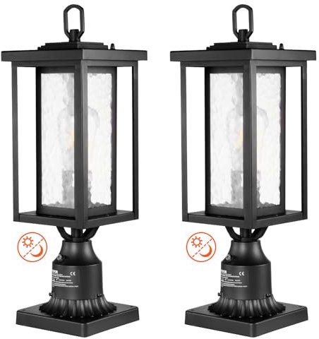 VEVOR 2 PCS Farolas Exteriores de Anochecer al Amanecer, 450 mm, Resistentes al Agua con Base de Montaje en Pilar de 9 cm, Pantalla de Vidrio Farola Exterior a Prueba de Rayos para Patio, Jardín