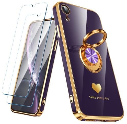 Nonional Compatible for iPhone XR Case with 2 Pack Screen Protector, 360° Rotatable Ring Holder [Luxury Hearts Pattern] Plating Gold Edge Slim Soft Phone Cover Case for iPhone XR - Purple