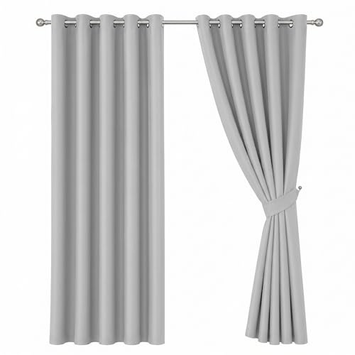 Oxford Homeware Eyelet Blackout Light Grey Curtains, W66” x L72” 1 Pair | Black out Bedroom Curtains, 72” Drop Thermal Insulated Curtains, Privacy Protection Eyelet Curtain, 2 Panels with Tiebacks