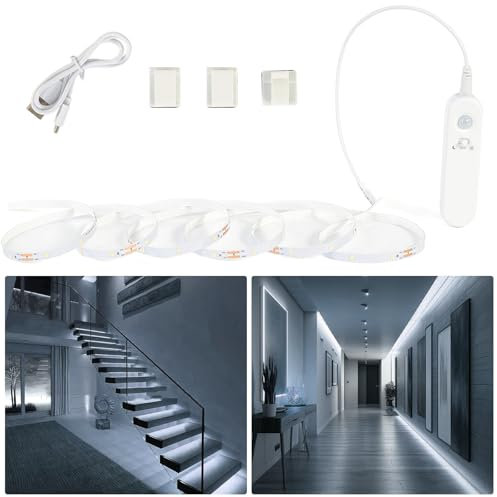 Hoobabuy Tira LED con Sensor Movimiento y Sensor Luz, Batería Recargable, Iluminación LED debajo gabinete para Armario, Escaleras, Habitación Bebé, Cocina, 2M, Blanco Frío 6500K