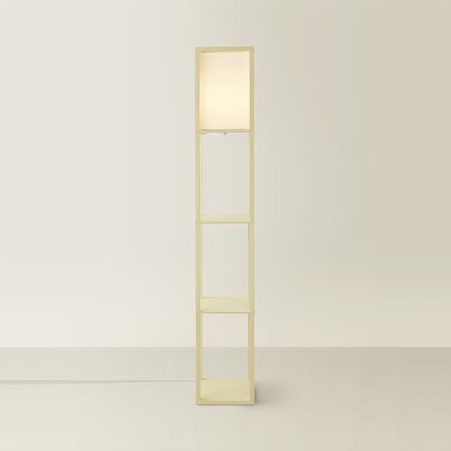 ValueLights | Struttura Pastel Yellow Wood Shelving Floor Lamp with Fabric Shade with LED Bulb | Floor Lamps, Home Décor & Improvement Essential | Included LED Bulb
