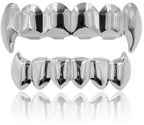 Gold versilberte HIP HOP Zähne Grillz Top & Bottom Grills Set mit Silikon Real Shiny Vampire Zahn Sets,Silber