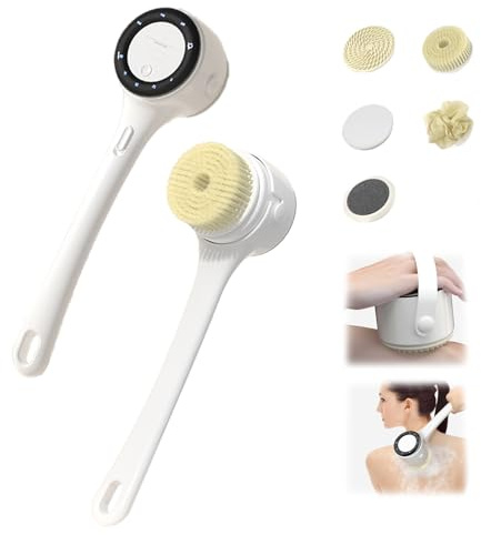 Felenny Electric Body Brush Back Scrubber Waterproof Long Handle Shower Brush USB Charging Deep Cleansing Set with 5 Heads and 3 Speeds