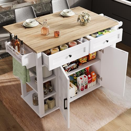 Kücheninsel Küchenschrank mit arbeitsplatte mit Klappbarer Tischplatte, 120x46(70) x91 cm, mit Rollen und austauschbaren Holzbeinen, Kitchen Island Freistehend, für Küche und Esszimmer (Weiß - B)