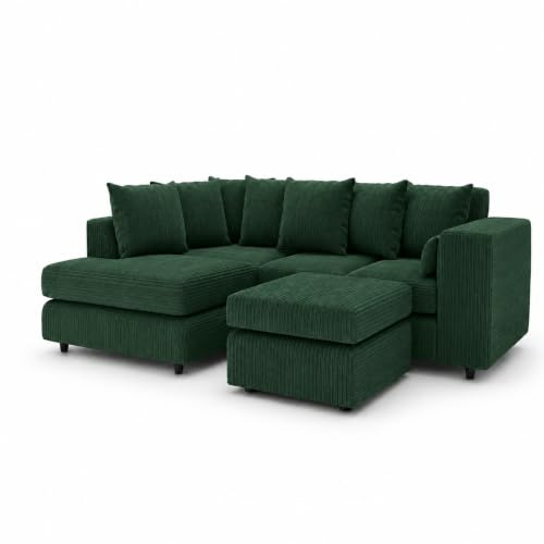 Gamzo Outlet Sofa Corner Sofa L Shape Jumbo Cord Fabric Square Settee Seater Suite Footstool (Left Hand Facing, Green)