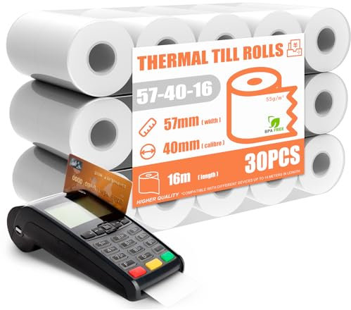 GLOSKIN Tpe Roll 57 mm x 16 m x 40 mm, Rouleau Tpe, Papier Thermique,Rouleau Carte Bancaire,ATM, et Lecteur de Carte de Crédit Bobine Chaude, Terminal POS (30 Bobines)