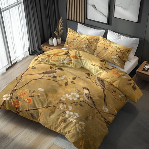 zcwl Blumen Vogel Bettwäsche 135x200 2tlg, Vintage Gold Wendebettwäsche und 1 Kissenbezüge 80x80, Weiche Mikrofaser Bettbezug mit Reißverschluss, Schlafzimmer Deko, Geschenke