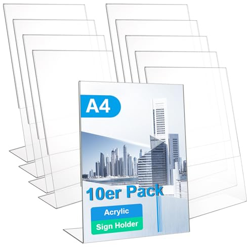 CYEER 10 Stück Acryl Tischaufsteller DIN A4, 21 × 29,7 cm, transparente L-Aufsteller im Hochformat, Schilderhalter & Menükartenhalter für Restaurant, Büro, Empfang, Messe und Preisschilder