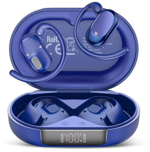 STECEi Open-Ear Kopfhörer 5.4 Bluetooth Kopfhörer, 2025 Verstellbare Ohrhaken Kopfhörer Kabellos Bluetooth starker Bass, 36H Spielzeit kopfhörer Sport IP7 Wasserfest für Sport, LED, Laufen, Blau